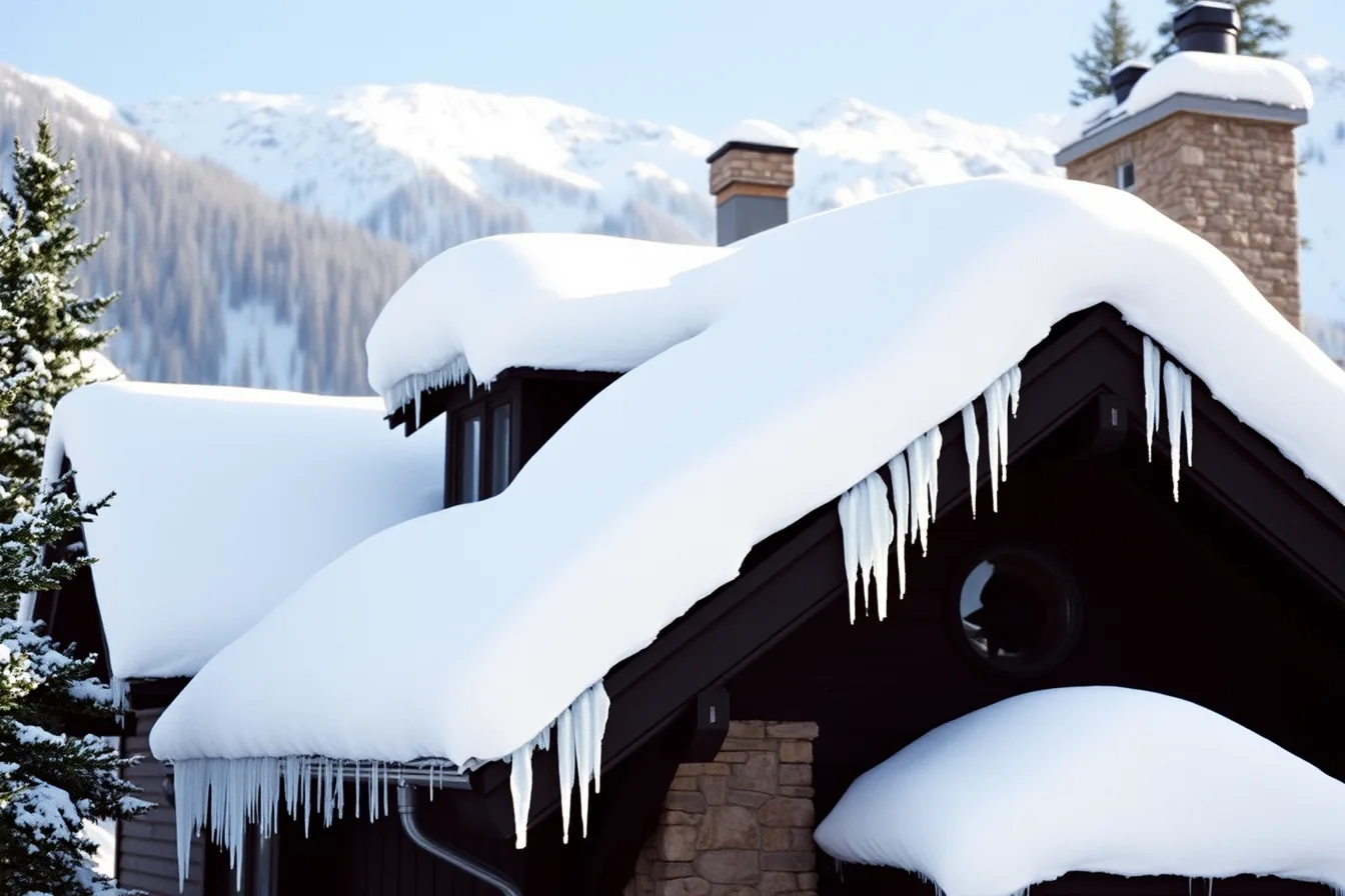 Deep snow piled on the roof of an Aspen chalet in winter. 4 Aspen rules that make celebrity home tours a seasonal business