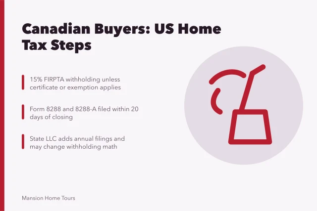Canadian buyer US real estate FIRPTA withholding and LLC filing steps. How Canadian buyers purchase a US celebrity home without tax surprises