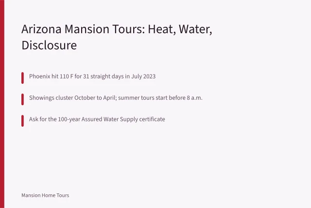Card summarizing Arizona celebrity mansion tour heat, water and disclosure rules. Celebrity Mansion Tours in Arizona: Heat, Water and Disclosure Rules