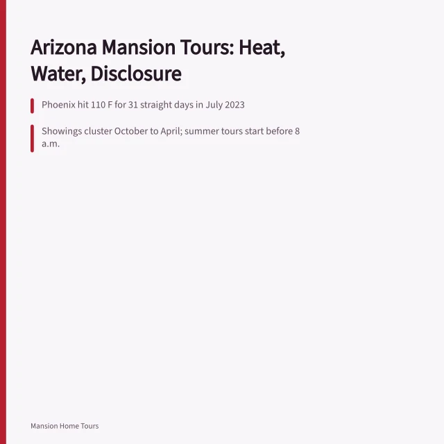 Card summarizing Arizona celebrity mansion tour heat, water and disclosure rules. Celebrity Mansion Tours in Arizona: Heat, Water and Disclosure Rules