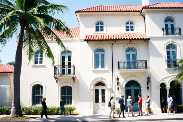 Historic Palm Beach mansion facade with palm trees and tour group. Historic mansion tours and the National Register in Palm Beach