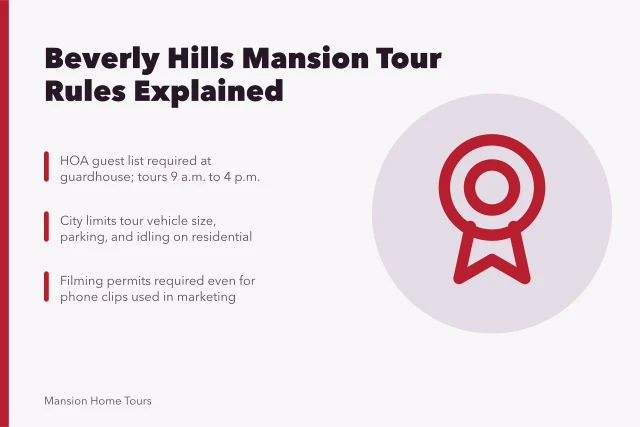 Card explaining Beverly Hills HOA and city rules for mansion tours. HOA rules for celebrity mansion tours in Beverly Hills, explained
