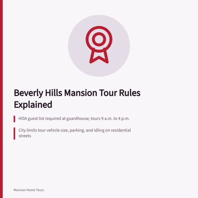 Card explaining Beverly Hills HOA and city rules for mansion tours. HOA rules for celebrity mansion tours in Beverly Hills, explained
