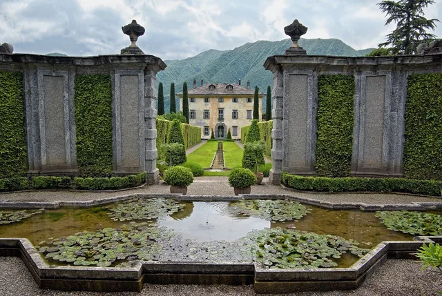 villa balbiano, fontana, garden, water lilies, water lily, architecture, villa, construction, historical building, tourism, nature, cypress trees, lake como, lombardy, italy, point of view. 5 notes on international homes list worth reading