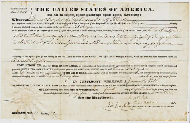 A U.S. General Land Office land patent for 40 acres of land in Dixon, Illinois, dated September 1, 1845. It is signed on behalf of President James K. Polk by Col. J. Knox Walker , the President's private secretary and nephew. International homes prices: land registry versus cadastre versus tax roll