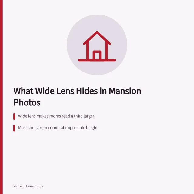 Wide-angle lens distorts mansion interiors, hiding true room size and missing spaces. What does a wide lens hide about mansions interiors in listing photos?