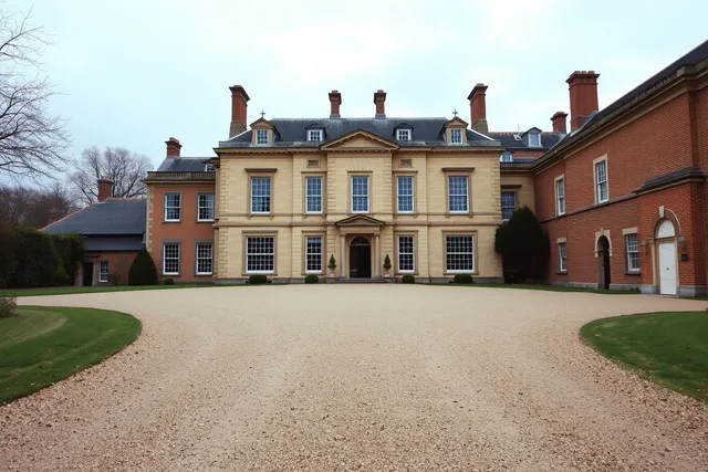 Historic mansion front facade seen from the curving approach drive. Mansions list: a dated, sourced directory