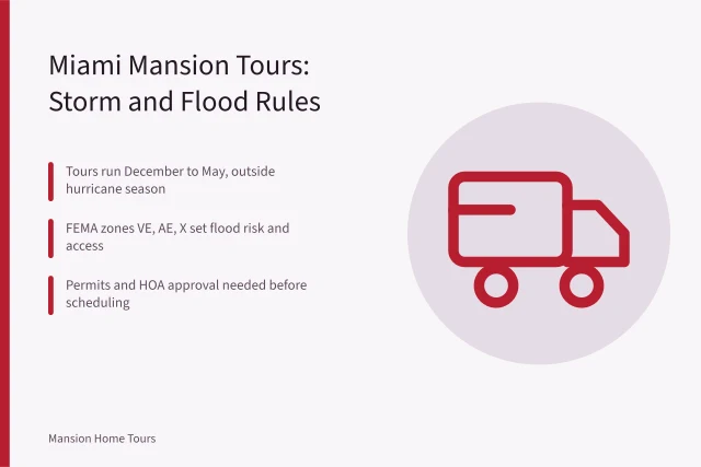 Miami waterfront mansion tours limited by hurricane season and flood zones. Miami celebrity mansion tours: storm, flood and insurance rules