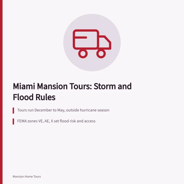 Miami waterfront mansion tours limited by hurricane season and flood zones. Miami celebrity mansion tours: storm, flood and insurance rules