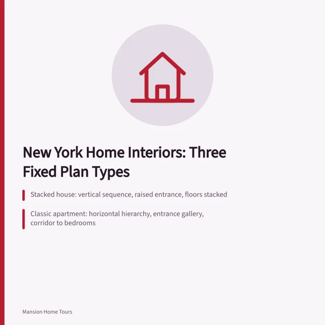 Diagram of three New York home interior plan types: stacked, apartment, loft. New York homes interiors: three fixed types of plan