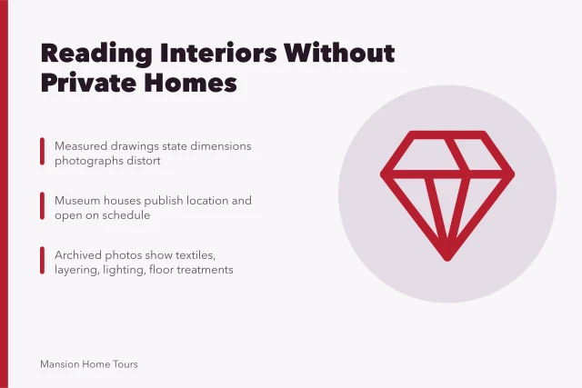 Measured drawings, museum rooms and archived photos as interior evidence. How to make sense of privacy-safe celebrity maps interiors