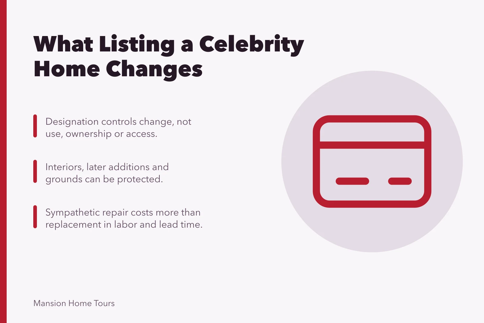 Card explaining listed building protection, repair costs, and consent requirements. What does listing a celebrity home for protection actually change?