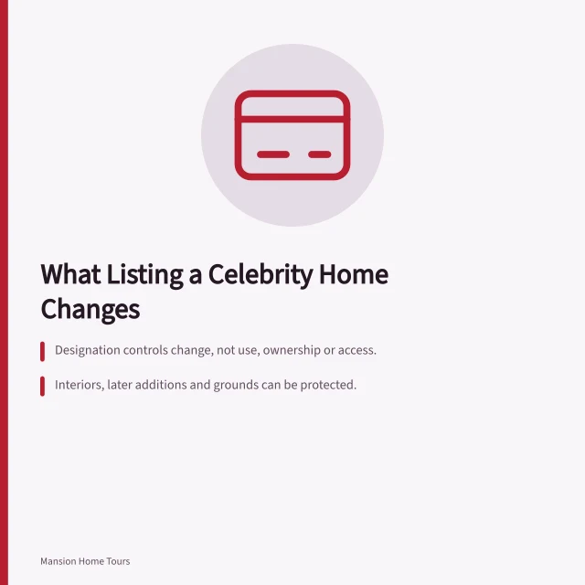 Card explaining listed building protection, repair costs, and consent requirements. What does listing a celebrity home for protection actually change?
