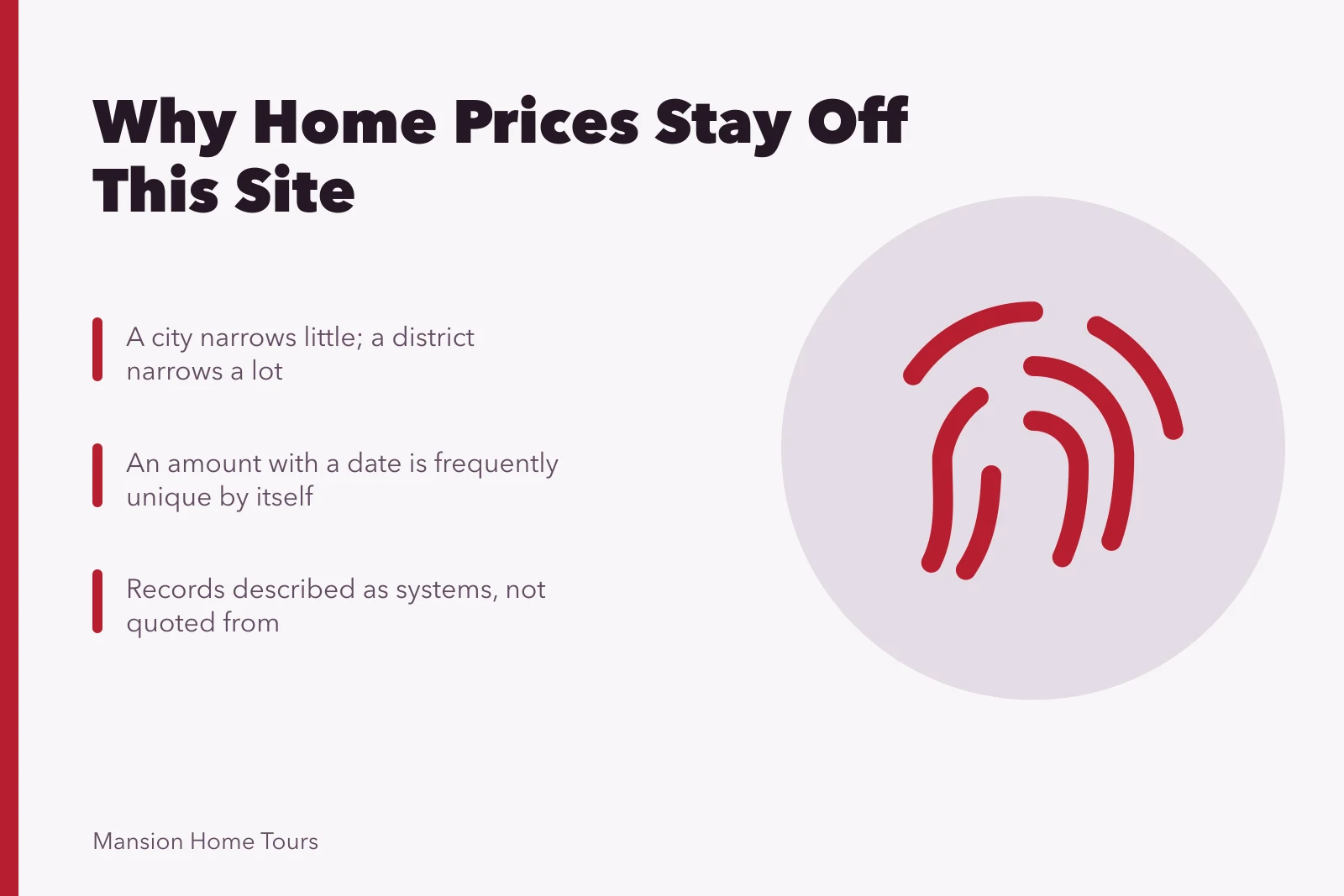 Card explaining how price, date and district identify a home. Why do celebrity home prices never appear on this site?