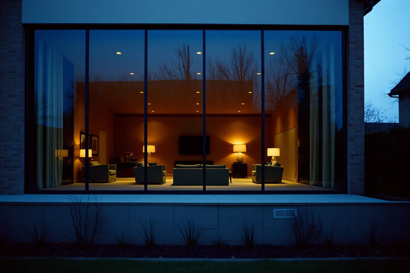 Lit glazed living room at night seen from outside through dark glass. How to make sense of privacy-safe celebrity maps privacy