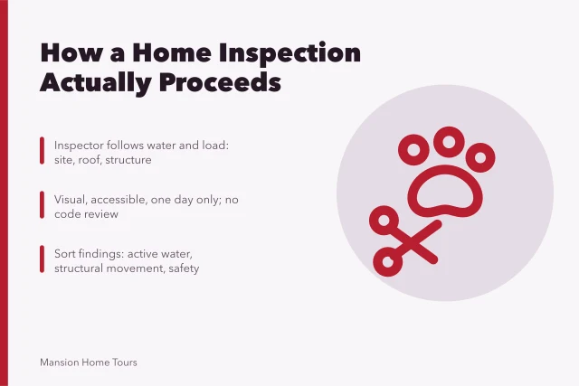 Card summarizing home inspection process, limitations, and finding priorities. How does a home inspection during purchases and sales actually proceed?