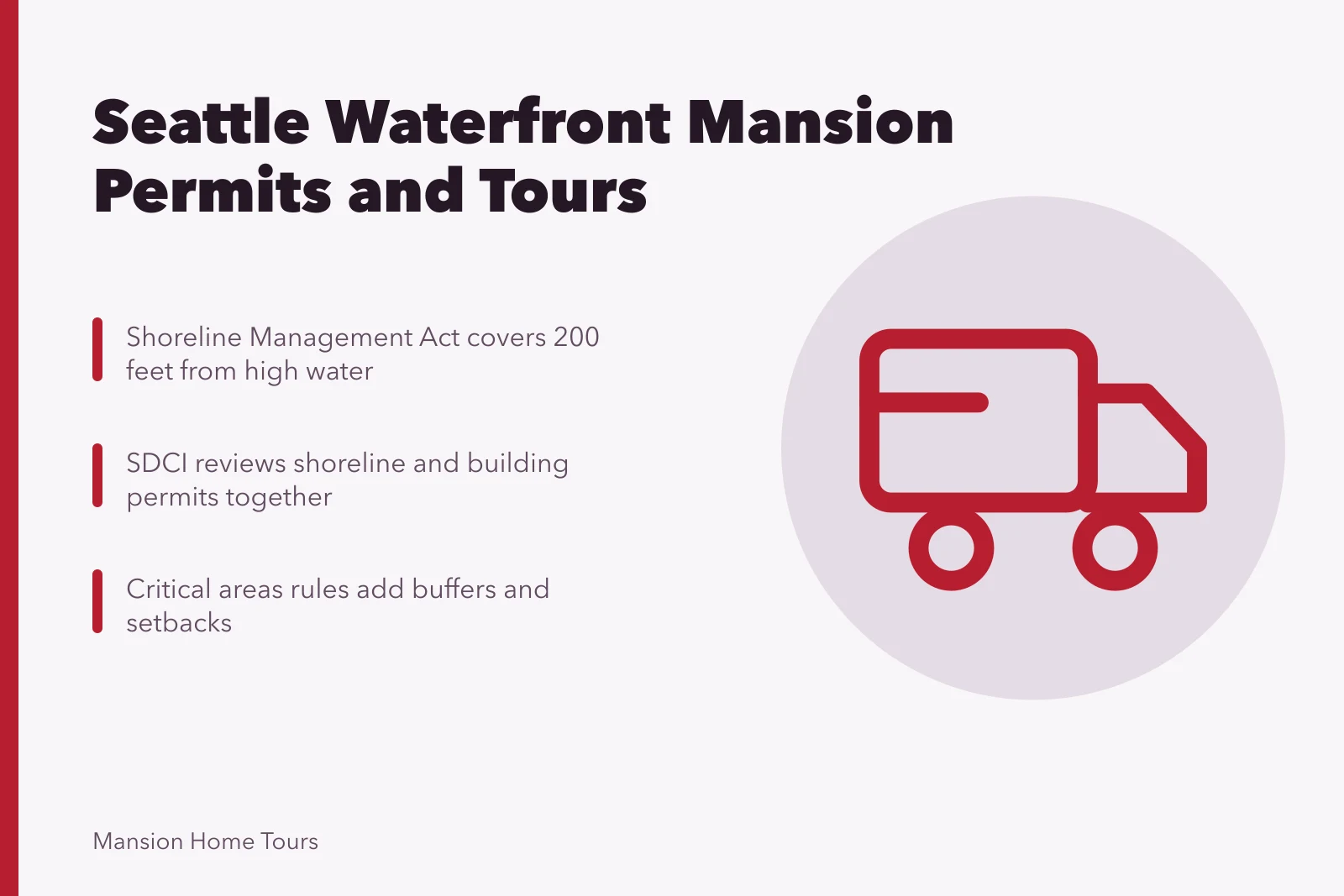 Card summarizing Seattle waterfront mansion shoreline permits and tour rules. Seattle waterfront mansion tours and Washington shoreline permits