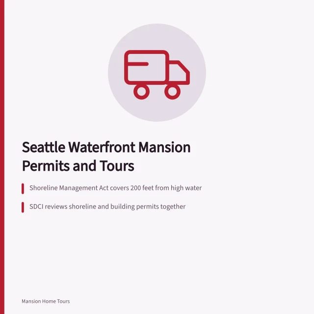 Card summarizing Seattle waterfront mansion shoreline permits and tour rules. Seattle waterfront mansion tours and Washington shoreline permits