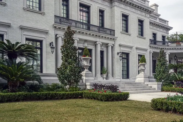 house, home, mansion, city, building, architecture, residential, entrance, facade, door, windows, beautiful, landscape, shrubbery, greenery, gray home, gray door, mansion, mansion,
