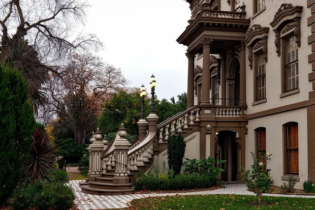 leland stanford mansion, sacramento, california, house, home, nature, architecture, landmark, historic, residence, stairs, staircase, details, tourism, attractions, hdr, plants, shrubs, sunset, brown home, brown house, brown sunset, brown plant, brown plants. US homes by city architecture for mansion buyers: six cities