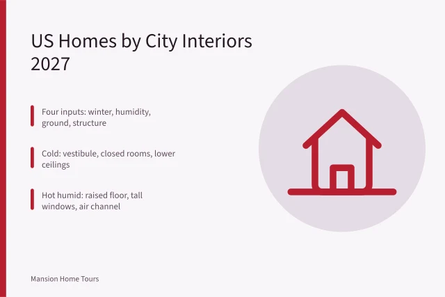 Regional US home interiors shaped by climate, ground, and structure. Making sense of US homes by city interiors in 2027