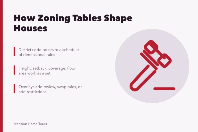 Zoning map districts and dimensional rules shaping houses. US homes by city map: one zoning layer at a time