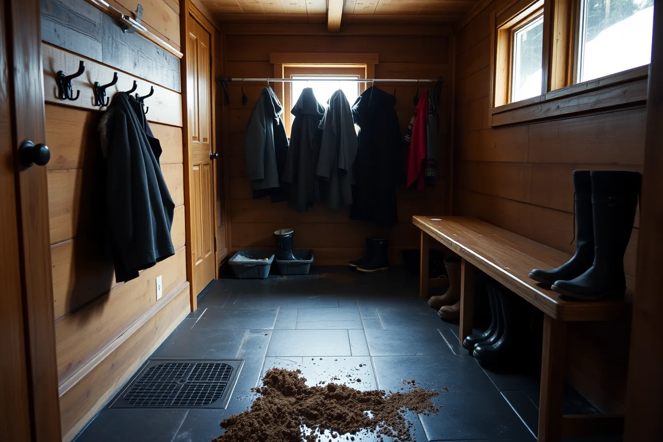 Cabin mudroom with hooks, drying rail, bench and hard floor for wet gear. Vacation homes interiors: a grounded overview, 2027 edition