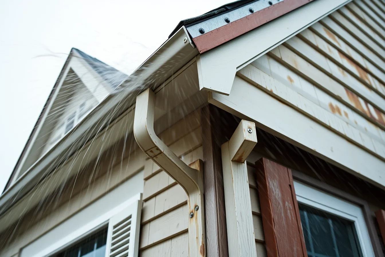 Coastal vacation home roof edge, flashing and cladding battered by salt wind and rain. Vacation homes list: signal versus noise