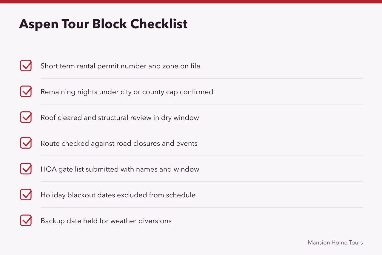 Checklist of four fixed constraints for scheduling an Aspen home tour (4 Aspen rules that make celebrity home tours a seasonal business)