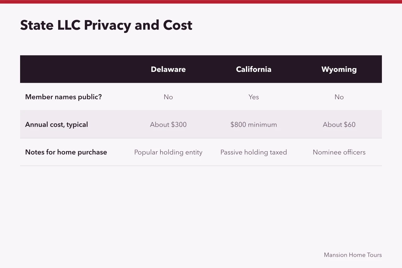Table comparing Delaware, California, Wyoming, New York LLC privacy and annual costs (Why Buy a Celebrity Home Through an LLC? A Practical Walkthrough)