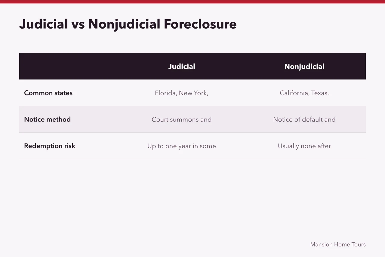 Comparison table of judicial and nonjudicial foreclosure types by state, notice, and redemption risk (Celebrity Home Foreclosure: What Buyers Need to Know)