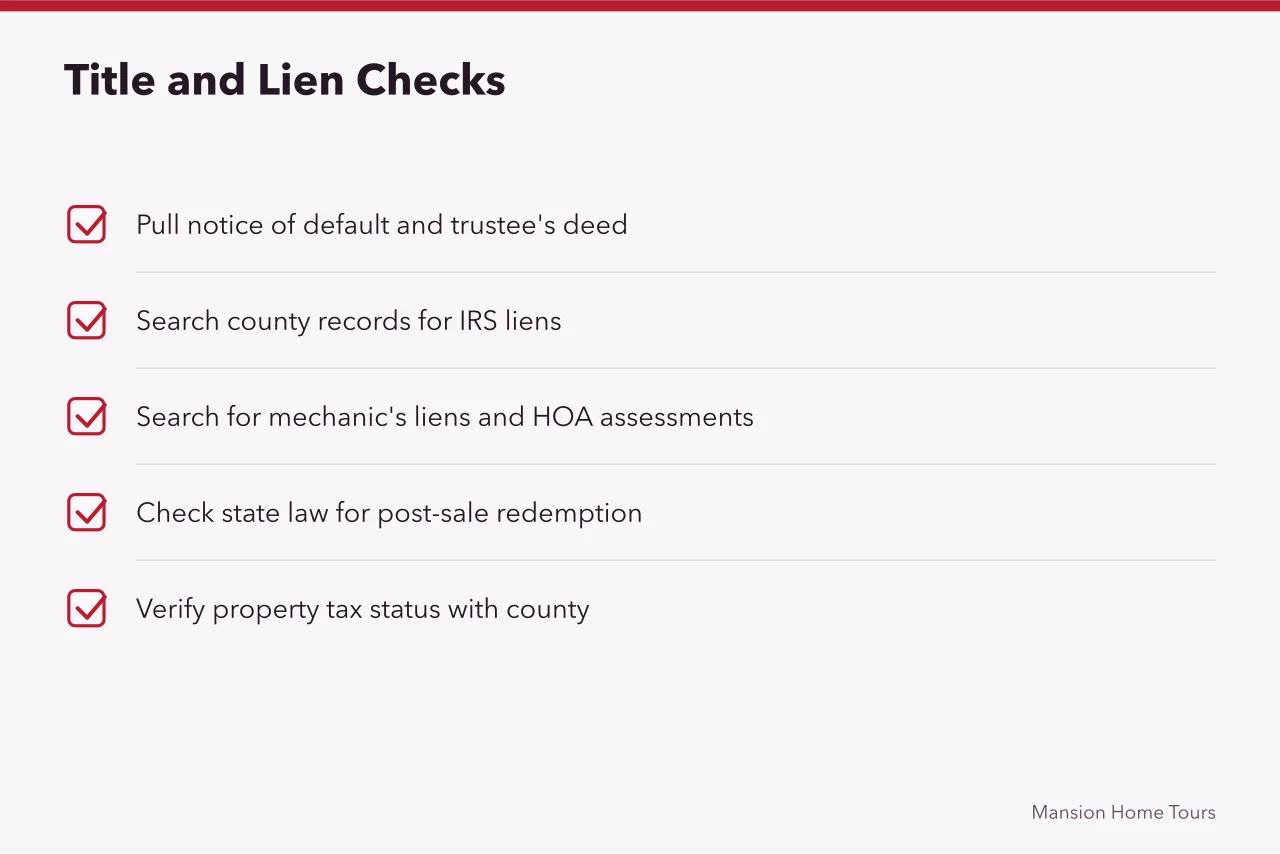 Checklist of title and lien searches before buying a foreclosure (Celebrity Home Foreclosure: What Buyers Need to Know)