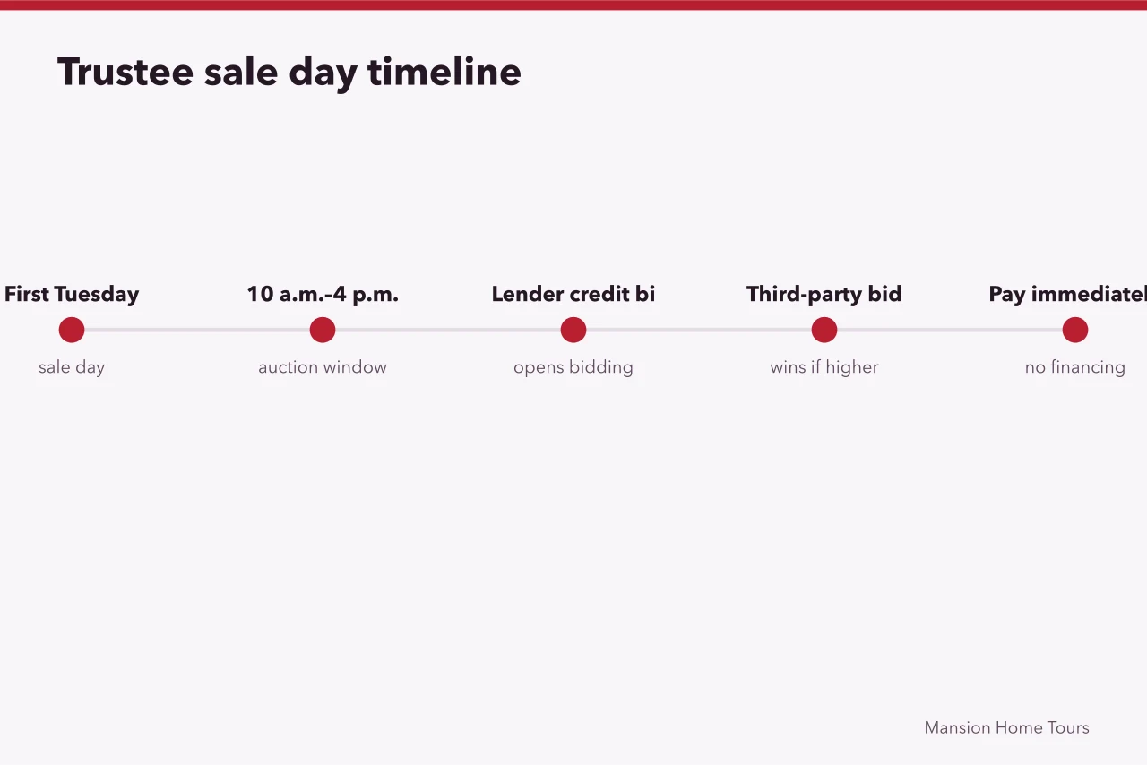 Timeline of a Texas trustee sale day, from opening bid to immediate payment (What happens to a celebrity home after foreclosure in Texas?)