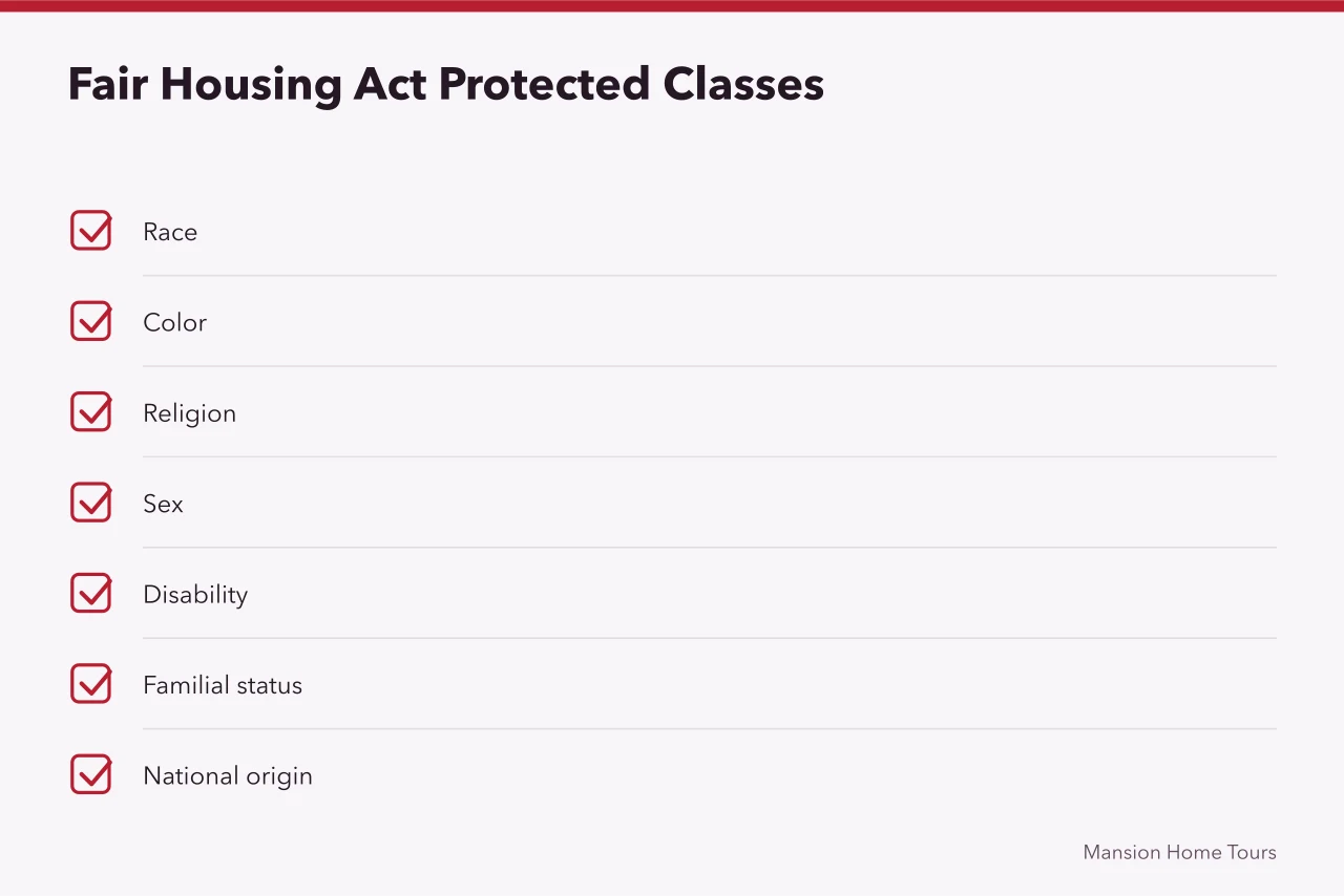 Checklist of seven protected classes under the Fair Housing Act (Fair Housing Act rules for touring United States celebrity homes)
