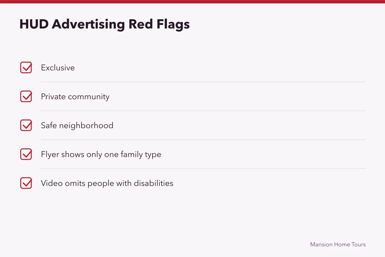 Checklist of HUD advertising red flag words and image issues (Fair Housing Act rules for touring United States celebrity homes)