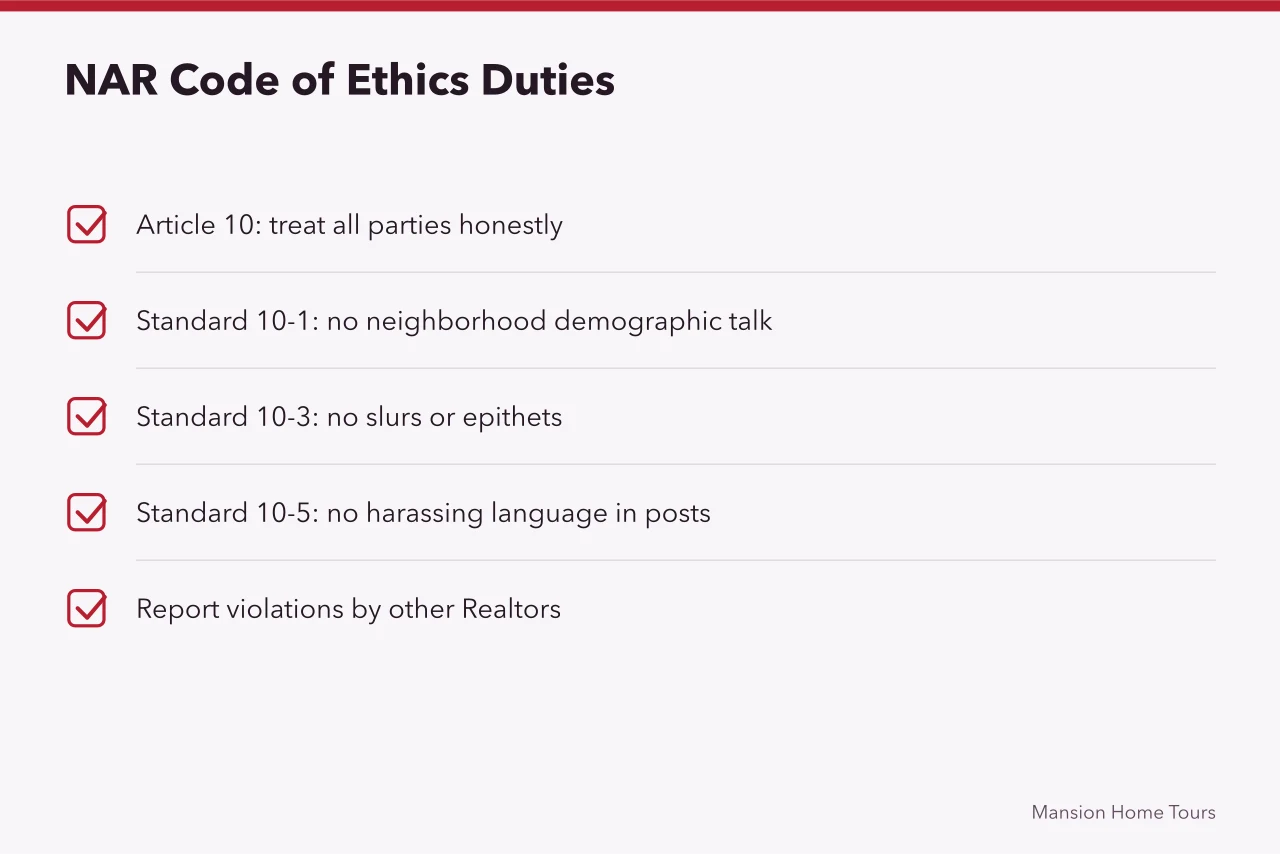 Checklist of NAR Code of Ethics fair housing duties (Fair Housing Act rules for touring United States celebrity homes)