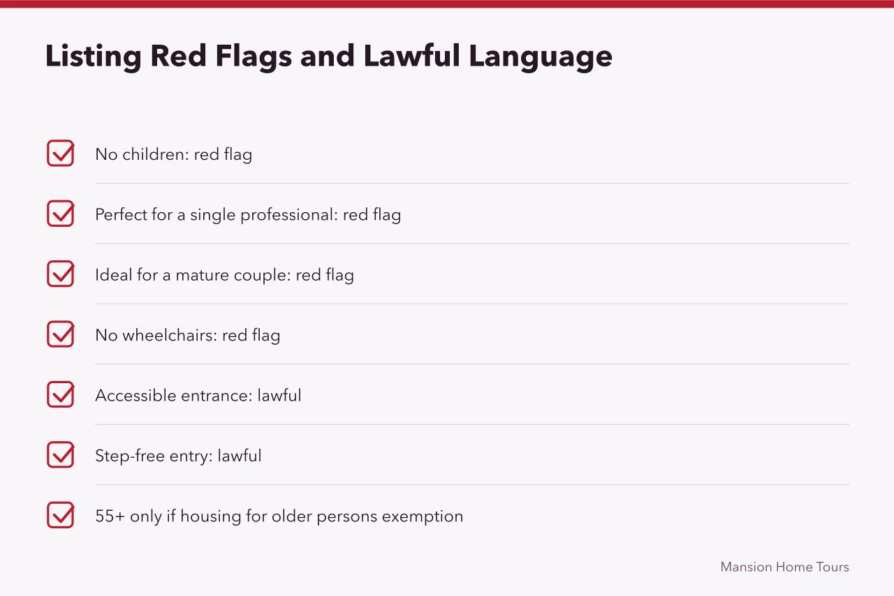 Checklist of discriminatory and lawful listing phrases (Fair Housing Act rules for touring United States celebrity homes)