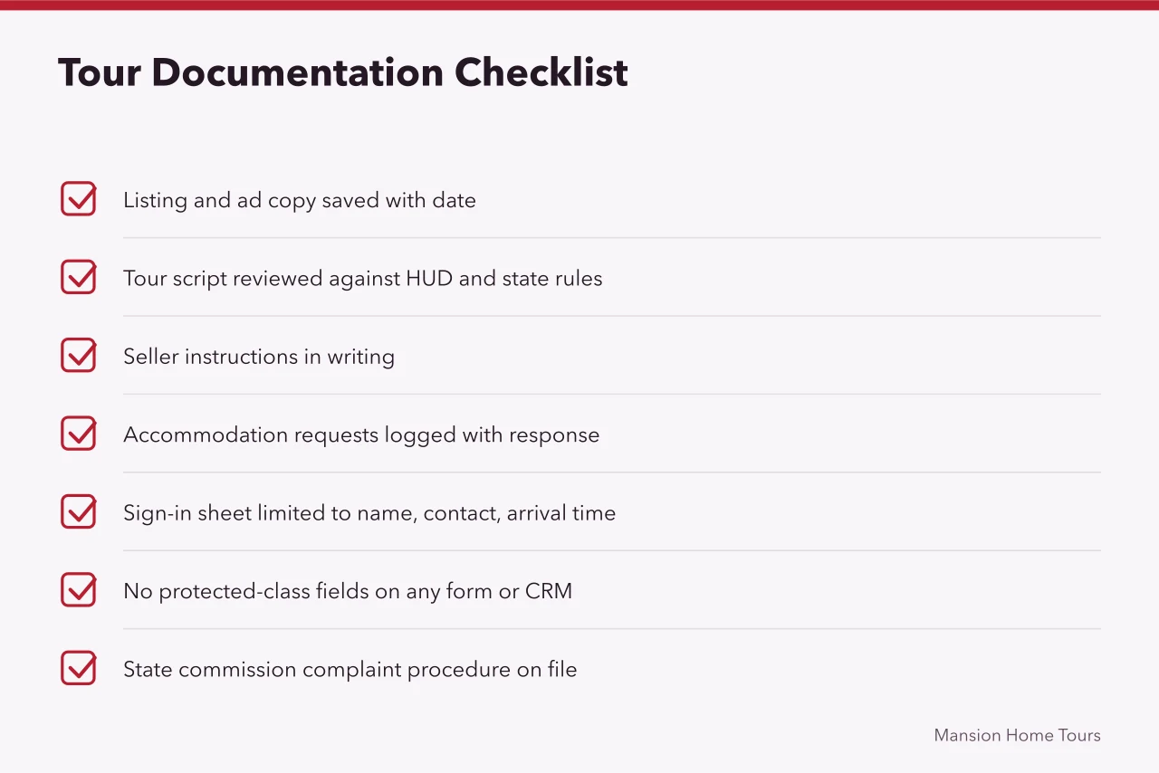 Checklist of documents to keep and protected-class data to never record (Fair Housing Act rules for touring United States celebrity homes)