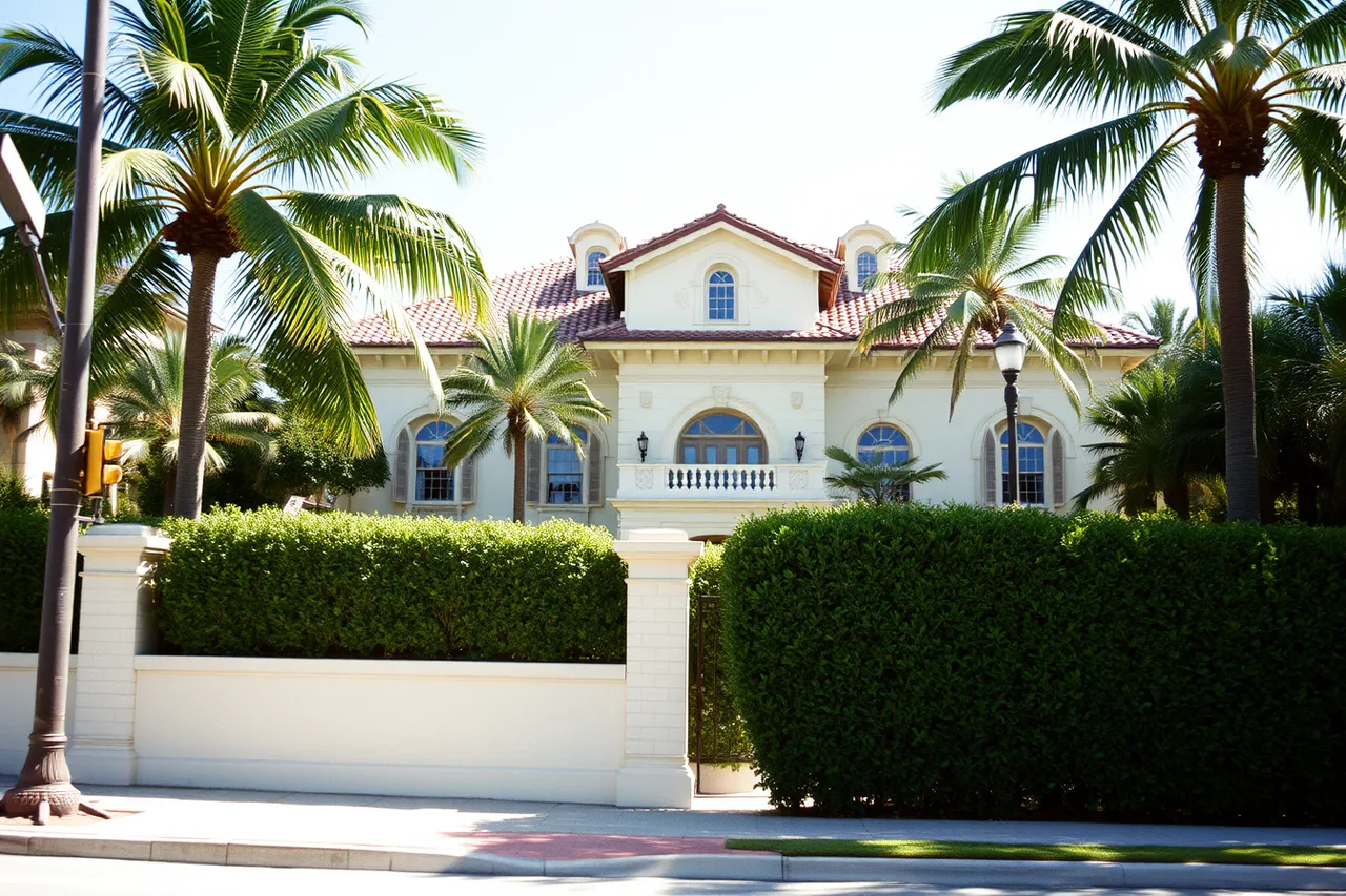 Palm Beach mansion facade visible above hedge from public street (Historic mansion tours and the National Register in Palm Beach)