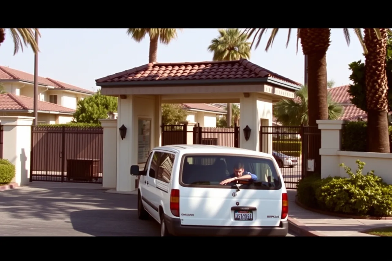Tour van stopped at a Beverly Hills gated community guardhouse (HOA rules for celebrity mansion tours in Beverly Hills, explained)