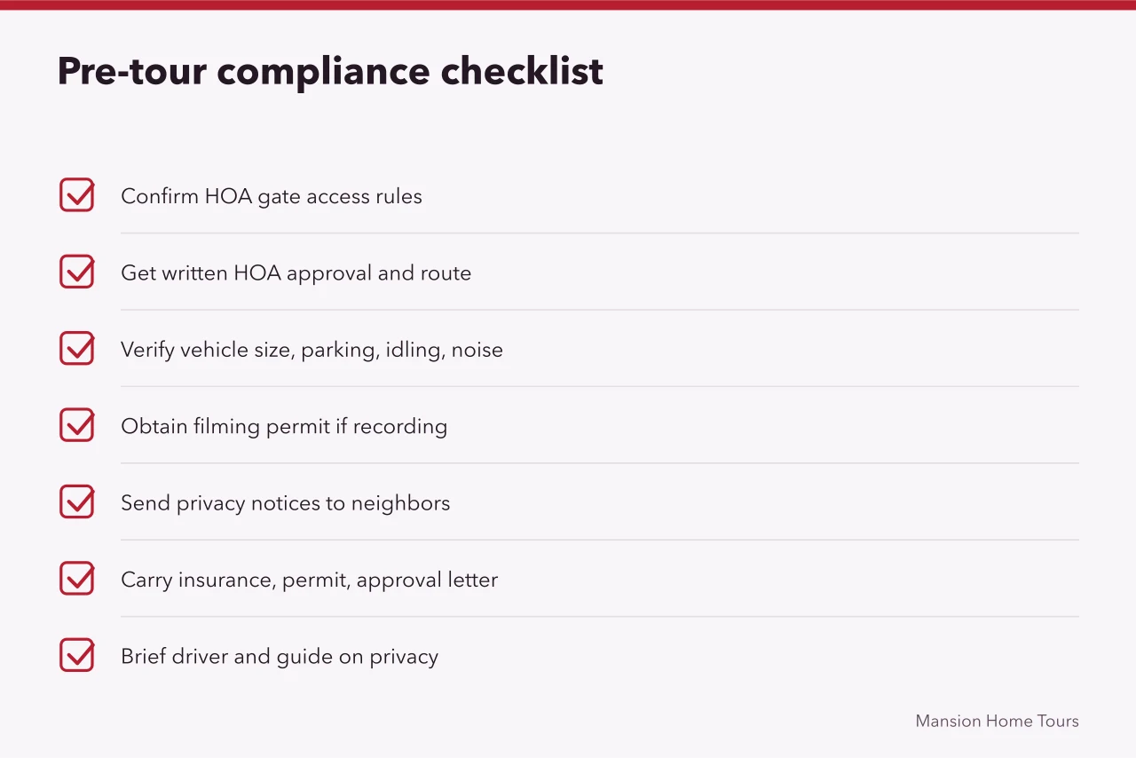 Checklist of seven compliance steps before a Beverly Hills tour (HOA rules for celebrity mansion tours in Beverly Hills, explained)