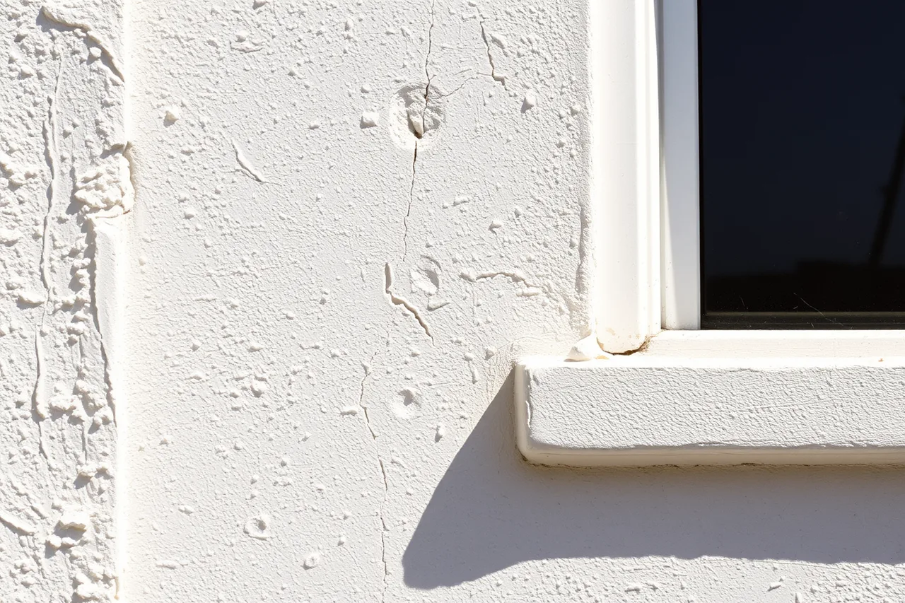 Stucco corner and thin window reveal on a framed wall (Los Angeles homes: what eaves, piers and dry planting give away)