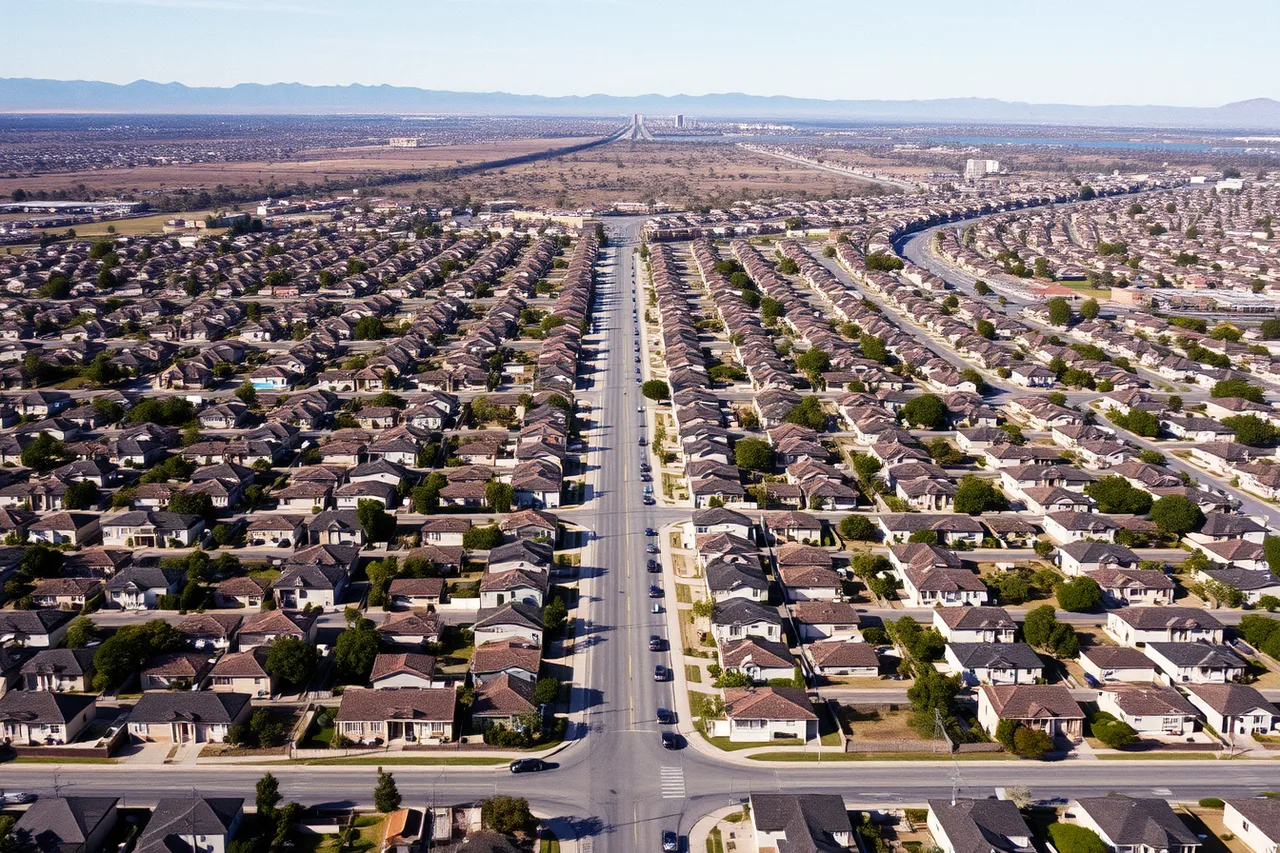 Aerial view of flat LA grid with low single-story houses (Los Angeles homes maps rely on public layers, not private addresses)