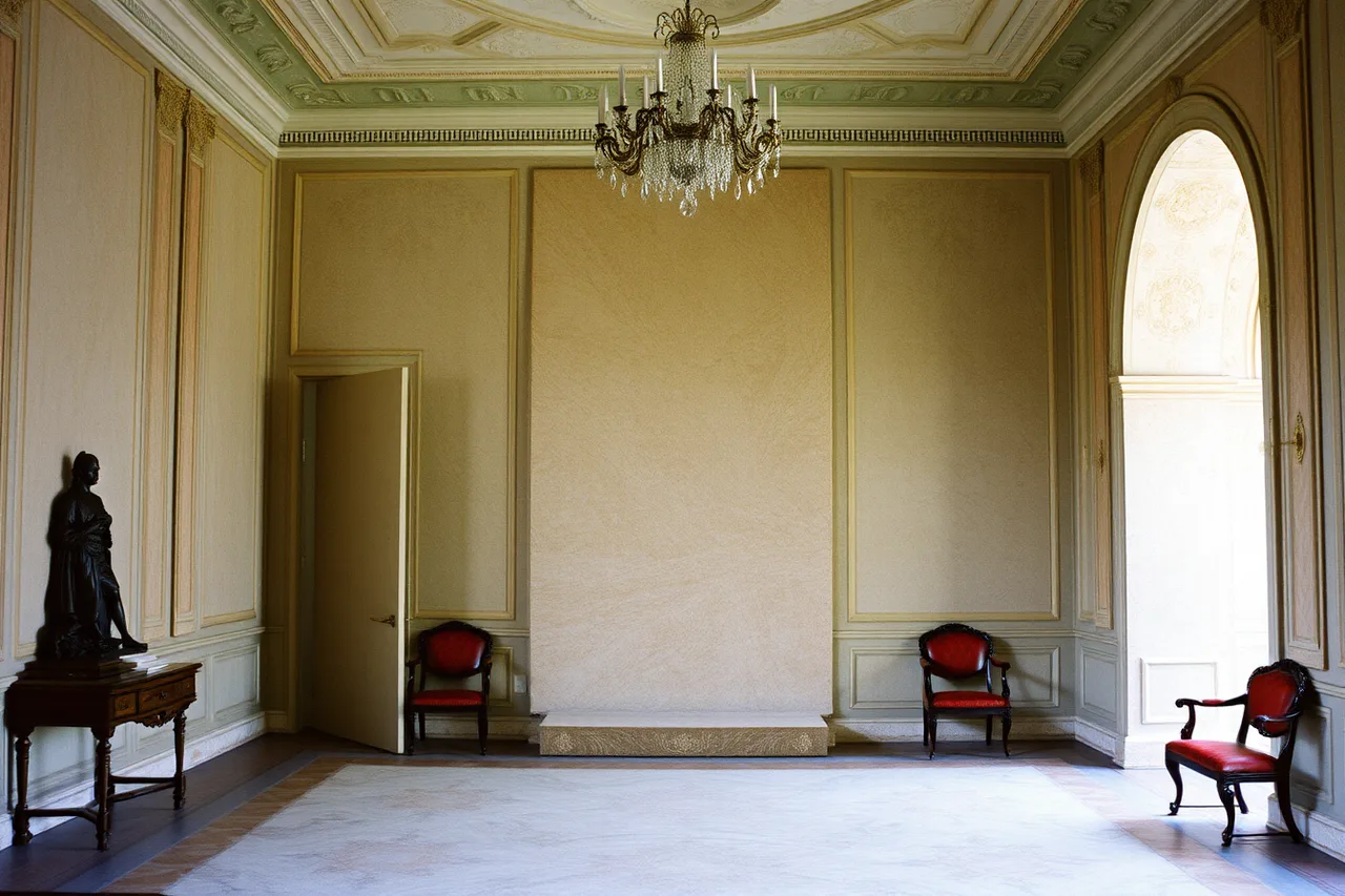 Imported panelling ending where plain local limestone begins in a Vizcaya room (Mansions list: a dated, sourced directory)