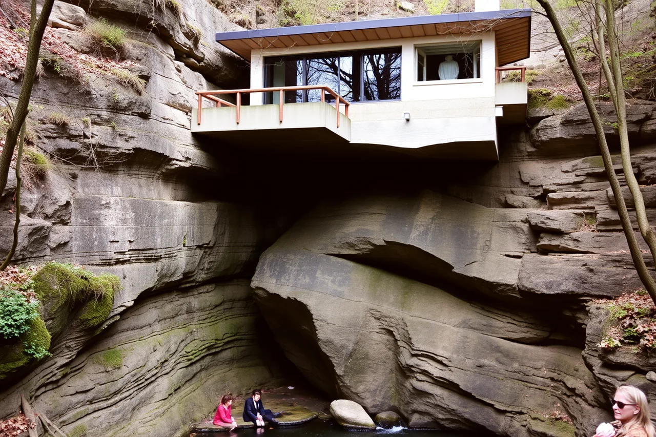Concrete cantilevered terrace meeting living rock at Fallingwater (Mansions list: a dated, sourced directory)