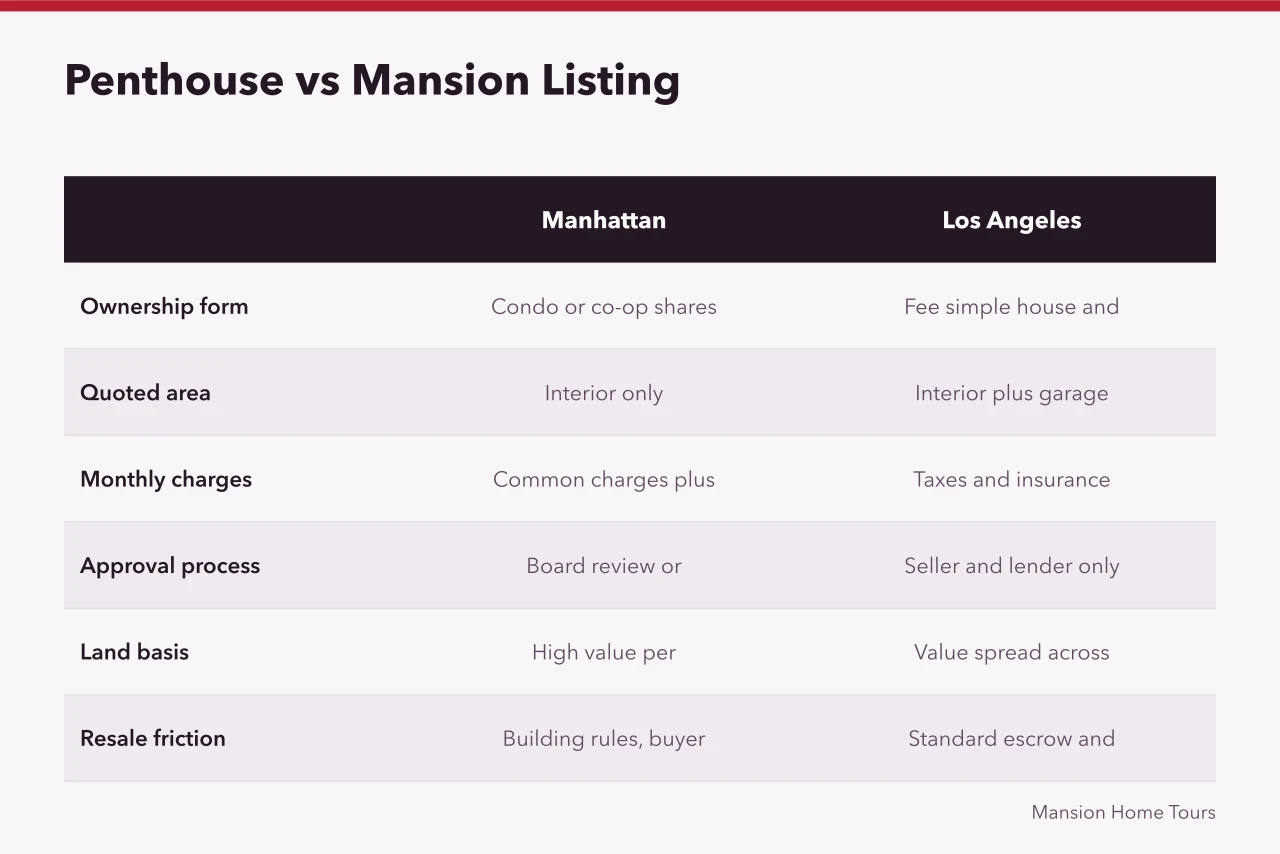 Comparison table of Manhattan penthouse and Los Angeles mansion listing features (Why New York penthouses cost more per square foot than Los Angeles mansions)