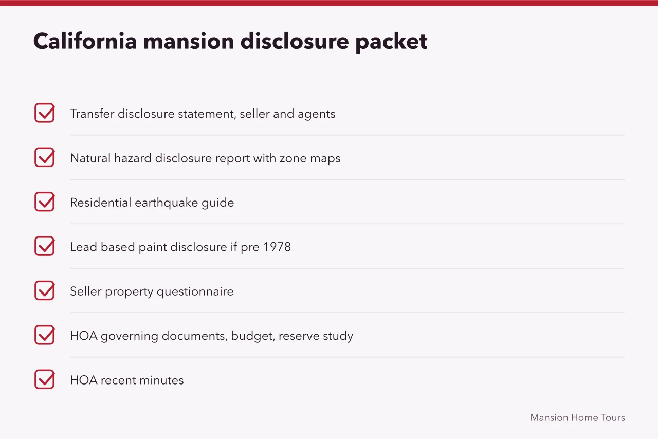 Checklist of California disclosure forms attached to a mansion listing (How to read a celebrity home's MLS listing in California without guessing)