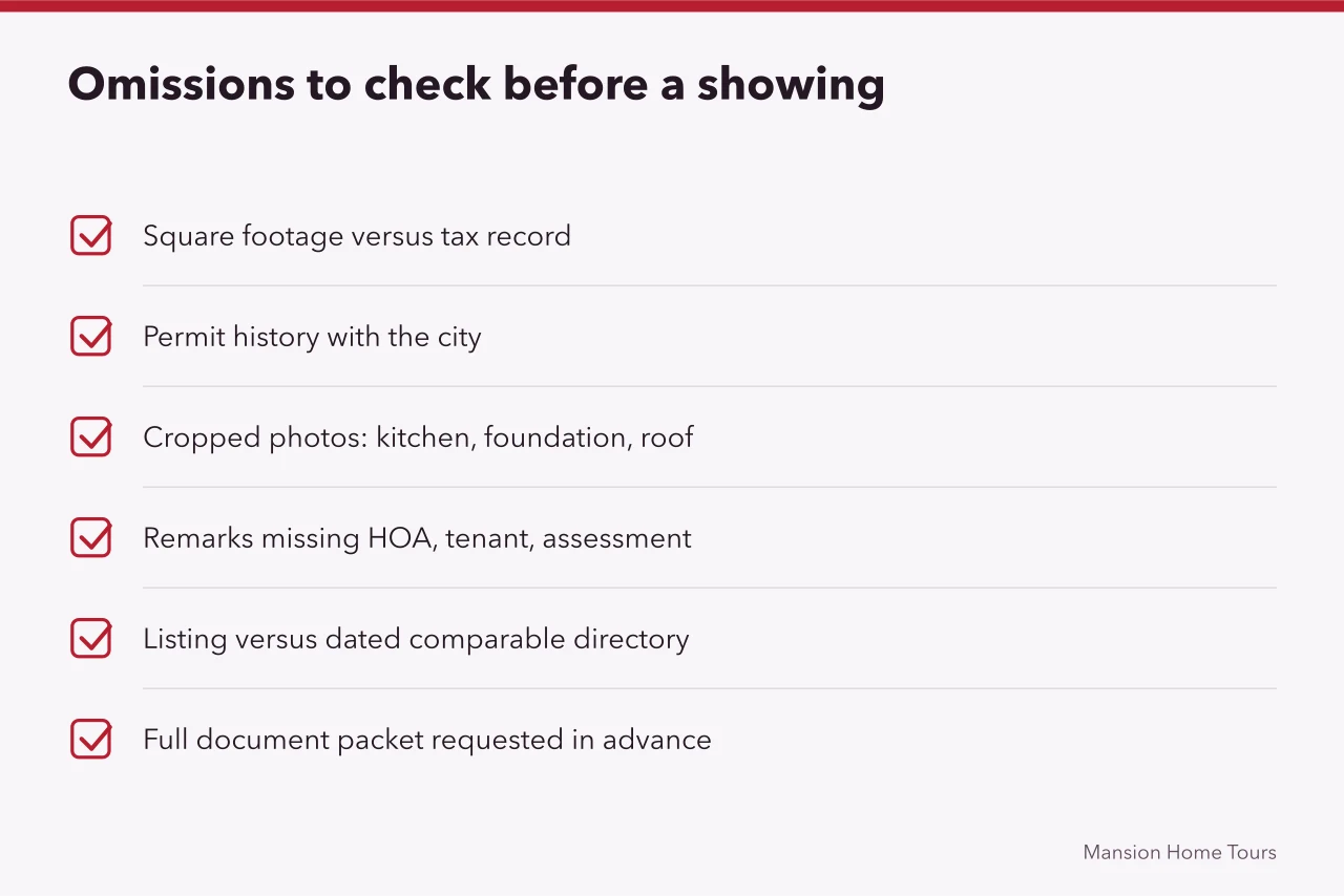 Checklist of six omission checks to run before scheduling a mansion showing (How to read a celebrity home's MLS listing in California without guessing)