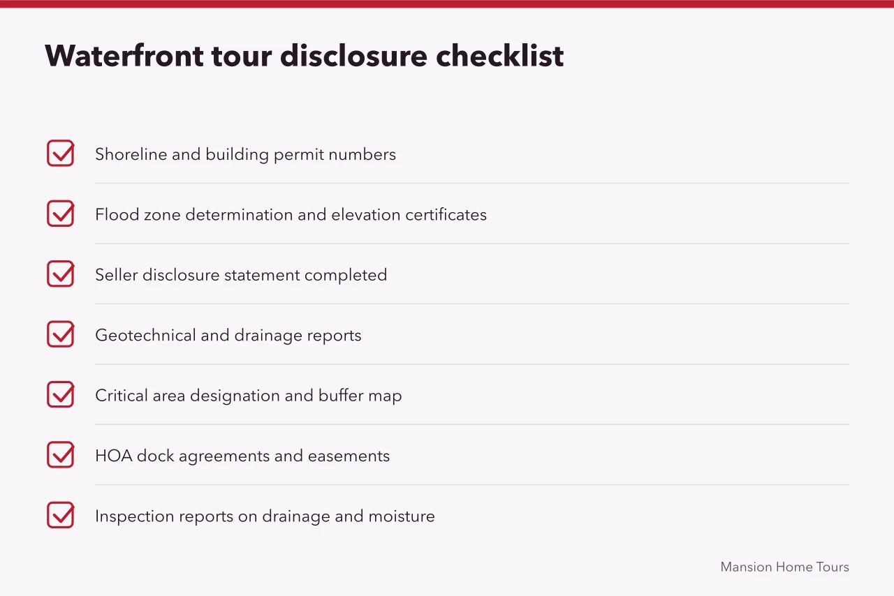 Checklist of seven disclosure documents for a waterfront mansion tour (Seattle waterfront mansion tours and Washington shoreline permits)