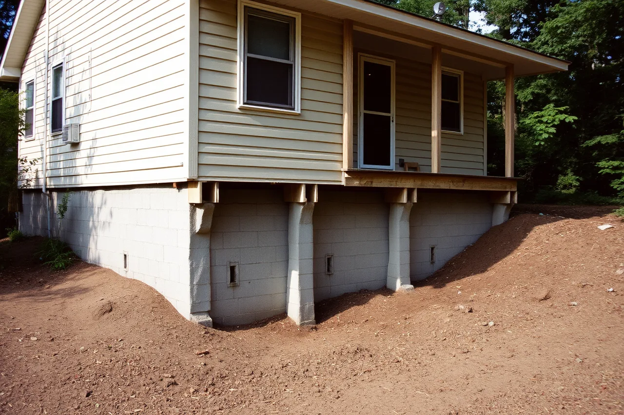 House on piers with graded site, crawl space vents, and cleared vegetation (Vacation homes list: signal versus noise)